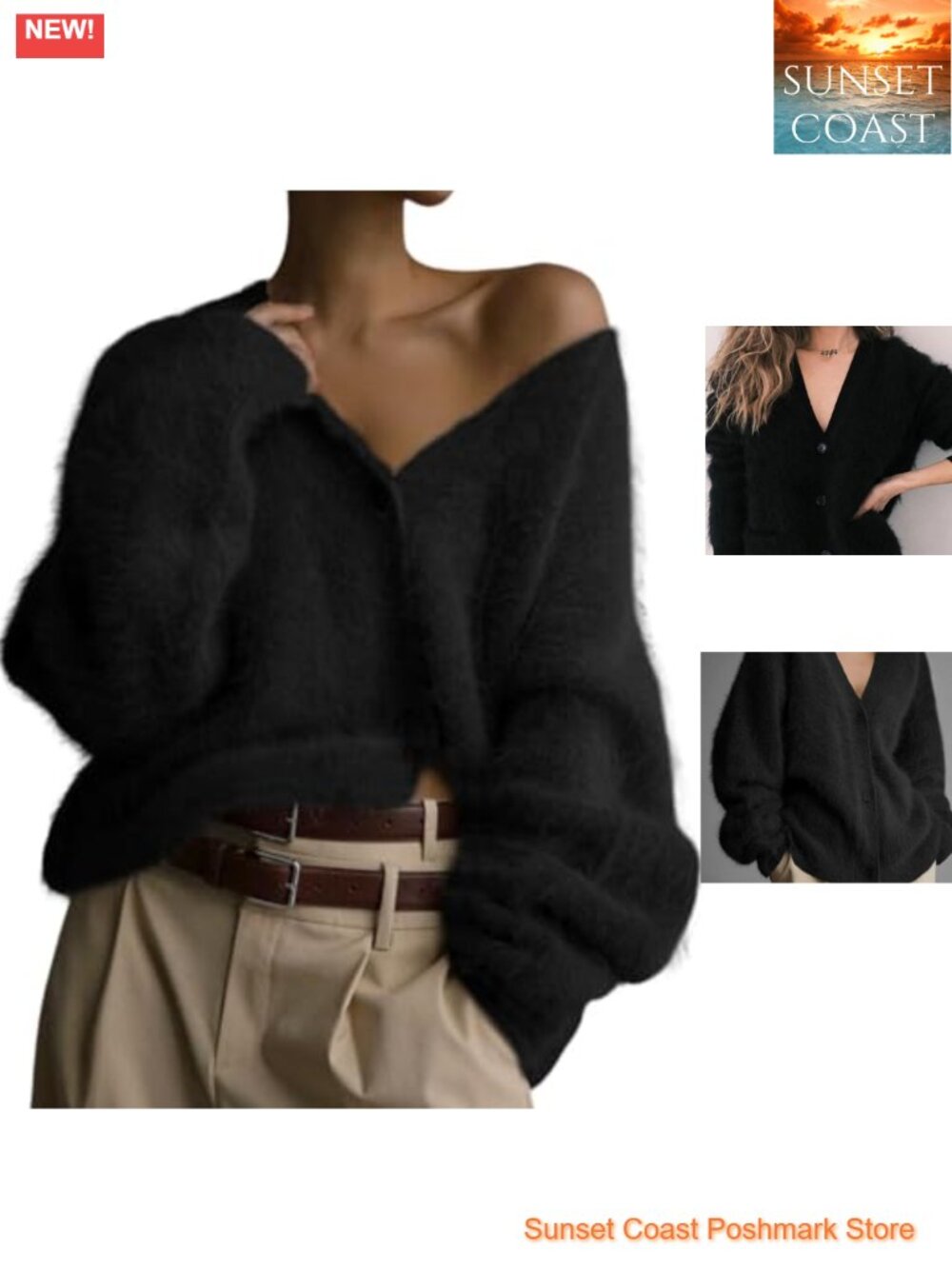 Fuzzy Knit Cardigan Sweater V Neck Long Sleeve Button Down Slouchy